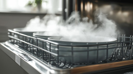 Warm steam fills the air as bowls rest on a dishwasher, signaling a busy cooking sessionの素材