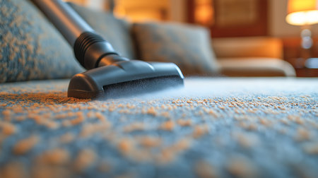 A vacuum cleaner is actively cleaning the fabric of a sofa in a warm, inviting living roomの素材
