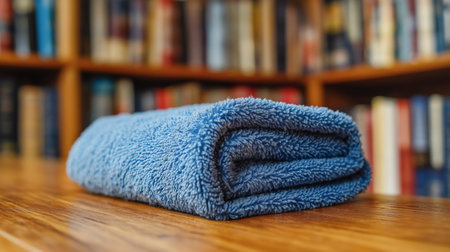 A neatly folded blue towel placed on a wooden table surrounded by bookshelves full of booksの素材