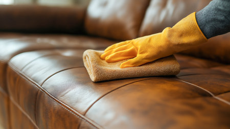 A person in yellow gloves wipes a leather sofa, keeping the living room cleanの素材