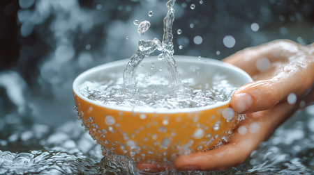 A hand holds a bowl as water cascades in, splashing in a serene settingの素材