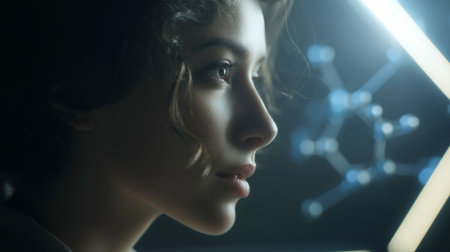 Youthful woman exploring innovation in technology with focus on molecular structures Generative AIの素材