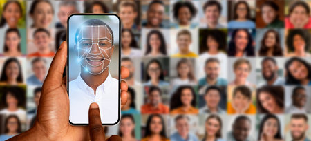Modern technology enables facial recognition using a smartphone screenの写真素材