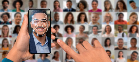 Modern technology enables face recognition on smartphone with detailed scanningの写真素材