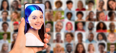 Smartphone showcases advanced face recognition tech with varied portraits