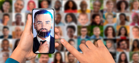 Smartphone scanning face for ID with diverse portrait collageの写真素材