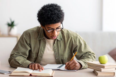 Remote learning. Black college student taking notes from textbook, studying at home during coronavirus outbreakの写真素材