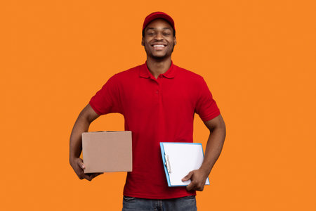 African american delivery man holding clipboard and boxの写真素材