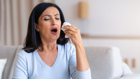 Sick mature woman sneezing and holding tissue paperの写真素材