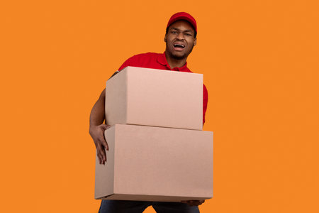 Black delivery man holding pile of heavy boxesの写真素材