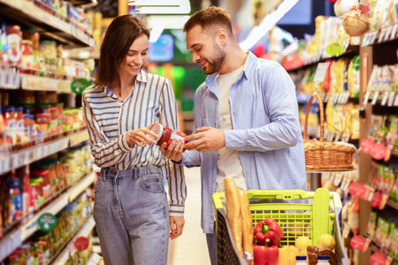 Happy couple with the cart shopping in supermarketの写真素材