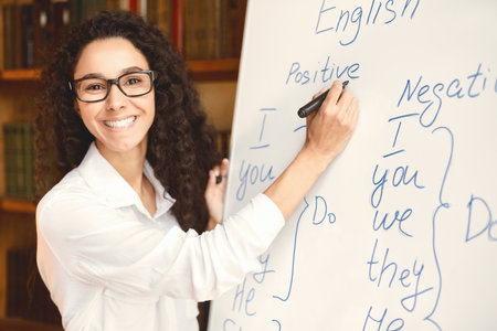 English teacher standing at whiteboard, explaining lesson to studentsの写真素材