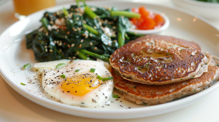 A nutritious lunch includes fresh greens, a poached egg, and oatmeal pancakes topped with herbsの素材