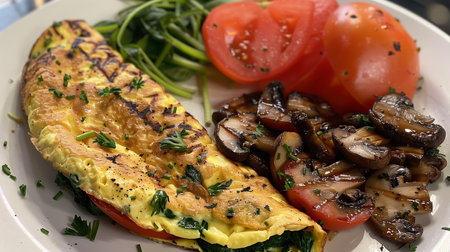 Fresh vegetable omelette served with sauteed mushrooms and vibrant greens, ideal for lunchの素材