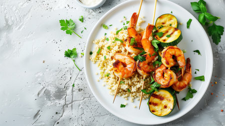 Enjoy grilled shrimp skewers accompanied by couscous and fresh vegetables that promote wellnessの素材