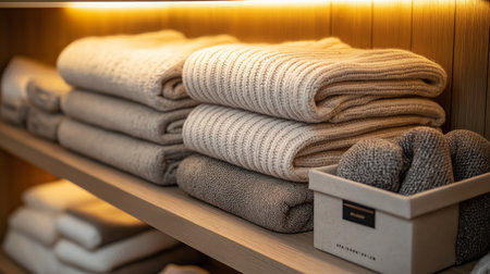 Soft towels are stacked on shelves in a serene spa atmosphere, creating a calming environmentの素材