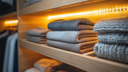 Soft fabrics are arranged harmoniously on shelves, creating an inviting and tidy atmosphereの素材