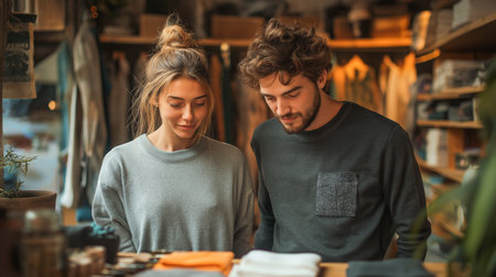A couple admires clothing items at a boutique shop filled with unique styles and accessoriesの素材