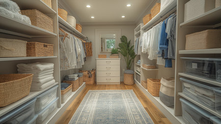 This walk-in closet showcases neatly arranged clothing, baskets, and a plush rug for comfortの素材