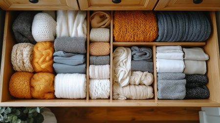 A wooden drawer showcases neatly folded textiles in vibrant colors, creating an inviting feelの素材