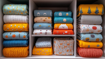 Various neatly folded towels and blankets are organized by color in a clean storage areaの素材