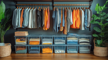 Clothes are neatly organized, creating a stylish storage solution in a cozy roomの素材