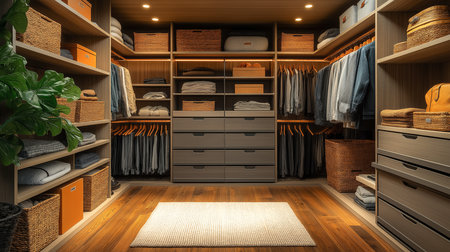 A spacious closet featuring neatly arranged clothing, storage baskets, and warm wood accentsの素材