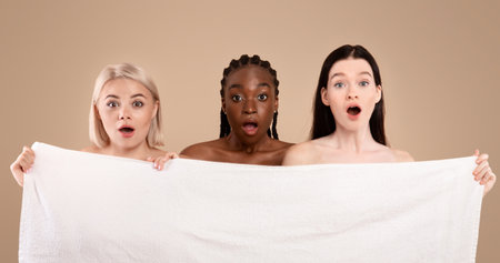Three Emotional Multi-Ethnic Women Hiding Behind Bath Towel With Shocked Face Expressionの写真素材