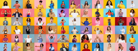 Diverse group of people showcasing unique expressions in vibrant collage