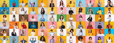 Diverse group showcasing expressions and gestures in vibrant lifestyle collage
