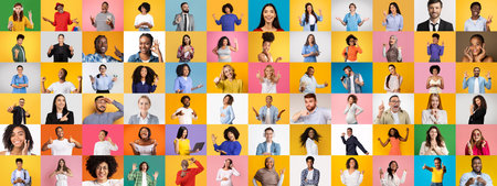 Diverse people showcasing their unique personalities in a vibrant collageの写真素材