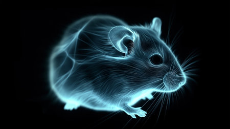 A glowing digital mouse projection hovers softly in a futuristic, neon-lit spaceの素材