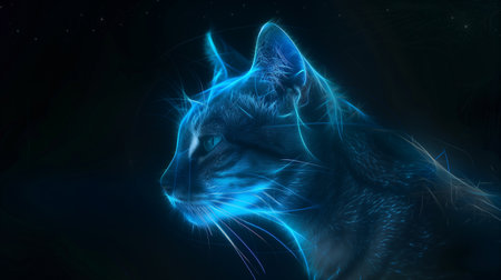 A glowing blue holographic cat projects against a dark background, adding a futuristic vibeの素材