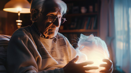 An elderly man joyfully interacts with a glowing holographic pet in a cozy roomの素材