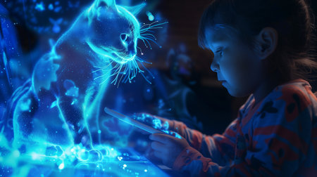 A child interacts with a floating holographic cat while surrounded by a soft, glowing ambianceの素材