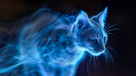 A digital pet cat appears as a holographic projection, glowing softly in a futuristic settingの素材
