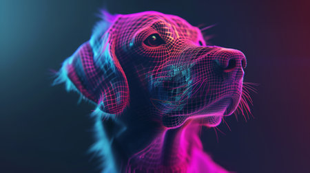 A glowing, floating hologram of a dog is displayed against a vibrant, ambient backgroundの素材