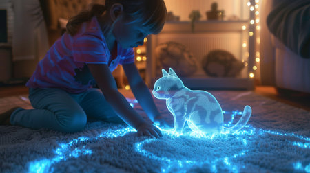 A child interacts with a glowing hologram of a pet cat, captivated in a warm, inviting spaceの素材