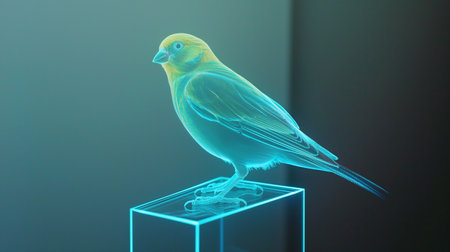 A glowing hologram of a bird is floating on a transparent display, showcasing vibrant colorsの素材