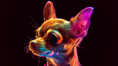 A virtual pet glows amid colorful projections in the dark surroundingsの素材