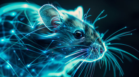 A glowing hologram of a mouse floats above a surface, showing vibrant colors and patternsの素材