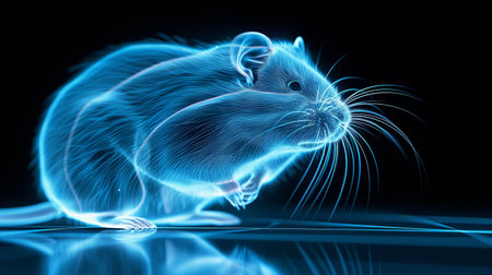 A digital mouse projection glows softly, floating in a dark environmentの素材