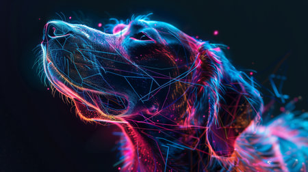 A glowing hologram of a pet emits vibrant colors, showcasing a futuristic digital interfaceの素材