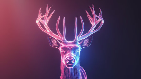 A glowing holographic deer with intricate antlers floats in a dark space, displaying vibrant colorsの素材
