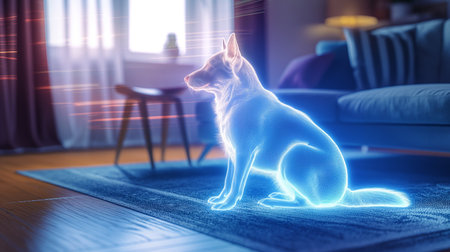 A glowing, transparent digital pet sits on a rug in a modern living room, reflecting ambient lightの素材