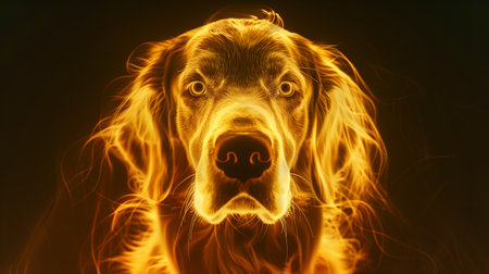 A glowing, floating hologram of a dog serves as a digital companion in a futuristic settingの素材