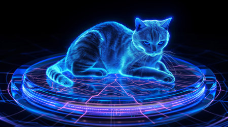 A glowing holographic cat floats above a high-tech display, showcasing advanced digital technologyの素材