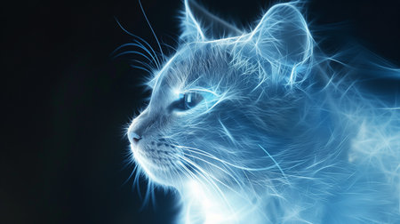 A glowing, transparent cat projection hovers in darkness, showcasing a digital companionの素材