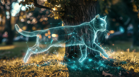 A glowing, transparent hologram of a cat is playfully moving through a park filled with treesの素材
