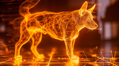 A glowing hologram of a dog floats in a futuristic setting, displaying its digital formの素材